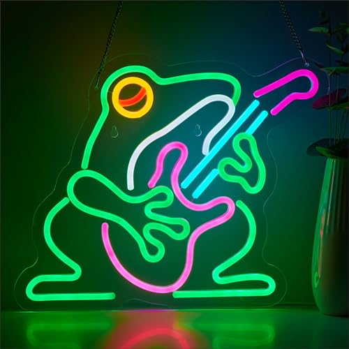 Image of Cowboy Frog Neon Sign for Wall Decor, Musician Frog LED Neon Signs Lights for Bedroom Wall Decor Room Men Cave Game Room Decor, Birthday Party Decoration Gift