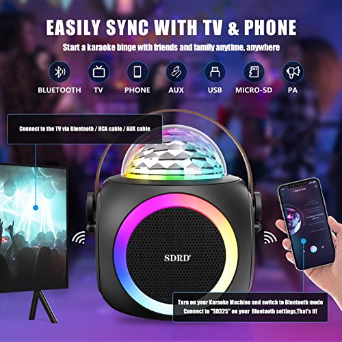Karaoke Maschine für Erwachsene und Kinder, tragbare Bluetooth Lautsprecher mit 2 UHF Wireless Mikrofone PA-System mit Disco-Kugel, LED-Lichter,für Home Party,Hochzeit,Kirche,Outdoor/Indoor