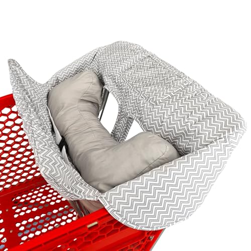 Image of Love&go Soft Pillow Attached 2-in-1 Shopping Cart and High Chair Cover for Baby, Cotton Padded Cart Cover, Fold'n Roll Style, Portable with Carry Bag (Gray Chevron)