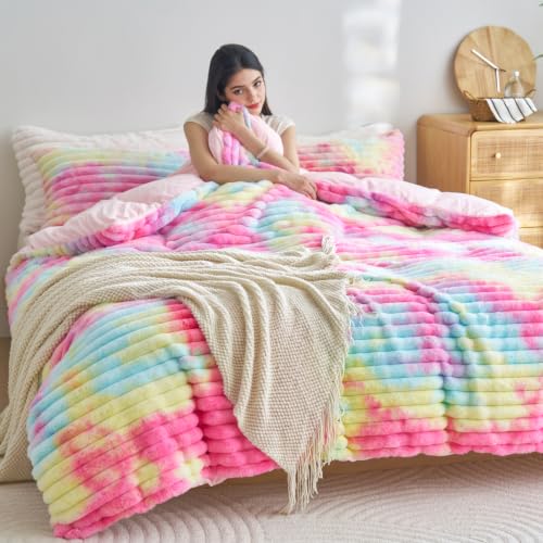 Image of Besfunny Rainbow Fluffy Comforter Cover Queen Size ,Plush Striped Bedding 3pcs Set(1 Fuzzy Duvet Cover+2 Fur Pillow Cases ) Faux Fur Luxury Bed Set (Rainbow, Queen)