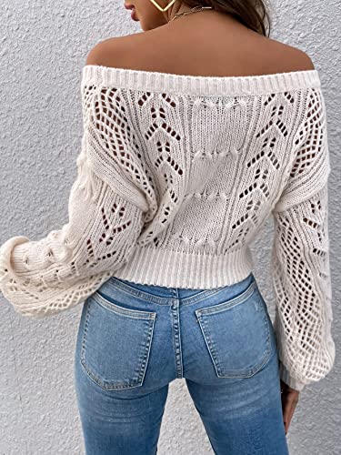 Floerns Women's Off Shoulder Bishop Long Sleeve Pointelle Knit Sweater Crop Top2