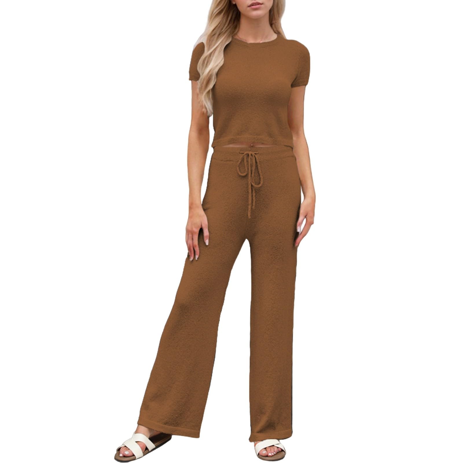 Tops Y Pantalones Mujer Primavera Cintura Alta Manga Corta Escolar Moderno Color Sólido Cuello Redondo Comodidad