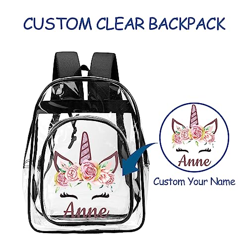 Personalized Unicorn Clear Backpack for Girls With Name, Transparent Heavy Duty Backpack With Reinforcing Straps For School Sports Workplace, Custom Waterproof Clear Book Bag, Back to School Gift2
