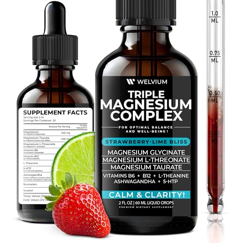 WELVIUM Triple Magnesium Complex Liquid Drops - High Absorption Magnesium Glycinate Supplement,...