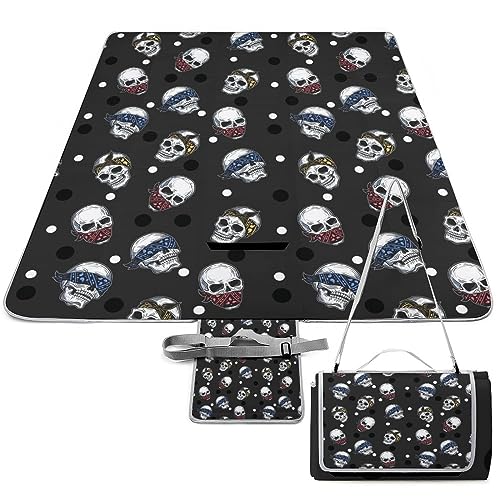 Colorful-Skull-Pattern Picnic Blanket Waterproof Foldable, Large Outdoor Picnic Blanket Beach Blankets Camping Blanket Travel Mat, Shoulder Strap Tote, Rectangle 58x58in