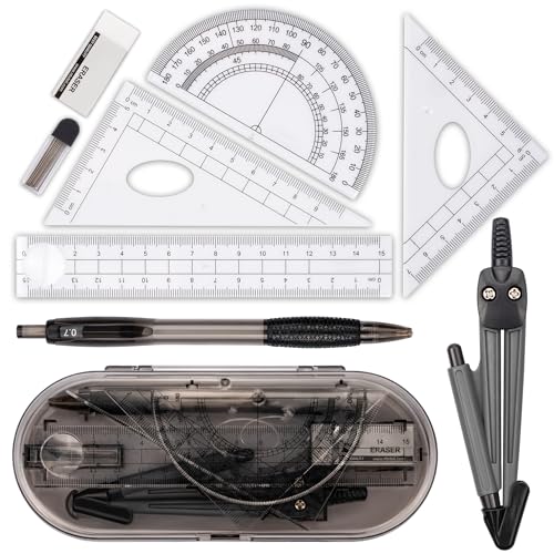 Compass Set, Muscccm Compass for Geometry Math Geometry Kit 8 Pieces - Student Supplies Drawing Compass, Protractor, Rulers, Pencil Lead Refills, Pencil, Eraser for Students and Engineering Drawing