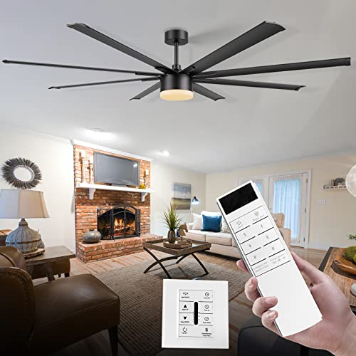 Jhhf Ceiling Fan With Lights, 84” Black Large Ceiling Fan With Remote And Wall Switch, Quiet Reversible Dc Motor, 8 Blades, 3 Light Colors Modern Industrial Ceiling Fan For Indoor And Covered Outdoor #TOP4