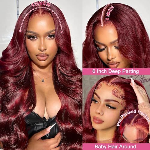 Lukymart 28 Inch 99J Burgundy Lace Front Wigs Human Hair 13X6 Hd Transparent Body Wave Lace Front Wigs Human Hair Pre Plucked 99J Burgundy Red Wine Glueless Human Hair Wigs For Women thumb #1