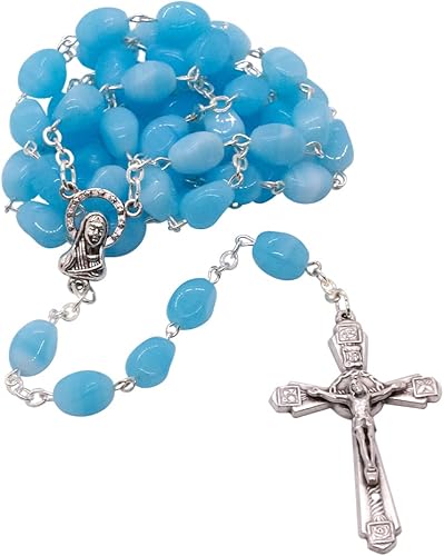 Miniatura 7 de Rosario de cristal y metal con grandes cuentas de granizo  Crucifijo plateado  Cómodo de sostener  Gran regalo católico para la primera comunión y