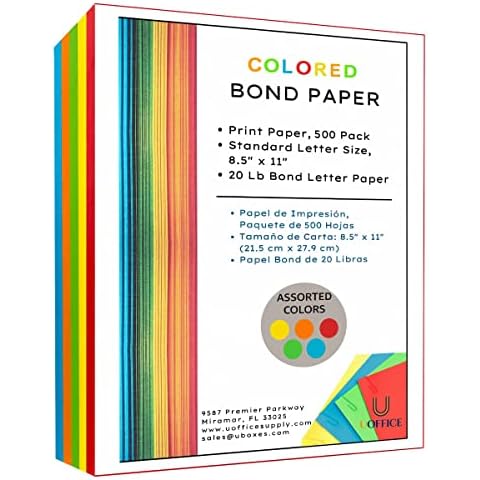 UOFFICE Colored Bond Paper Bundle 8.5" x 11", 20lbs, 500 Pages, Multicolor Cover
