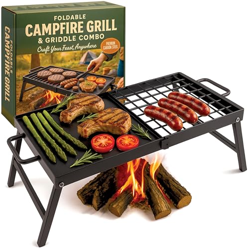 Carbon Steel Foldable Campfire Grill Portable Grill Grate & Griddle with Large Non-Stick Surface Sturdy Fold-Out Legs Compact for Storage Use Over Fire Pit