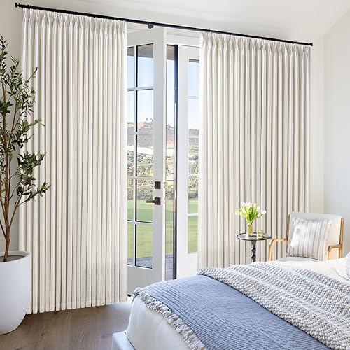 Image of Extra Wide Curtains 100 Width 102 Inches Long Patio Sliding Door | Natural Linen, 100 Inches Wide, Pinch Pleated , Hooks Rings, Light Filtering, Semi Sheer, Living Dining Room, 1 Panel