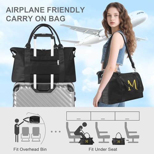 Personalized Initial Gym Dance Bag, Travel Duffel Bag for Teen Girls, Carry On Bag Overnight Weekender Bag with Trolley Sleeve, Birthday Gifts for Women Mom Daughter Graduation Gift(Letter M, Black)3