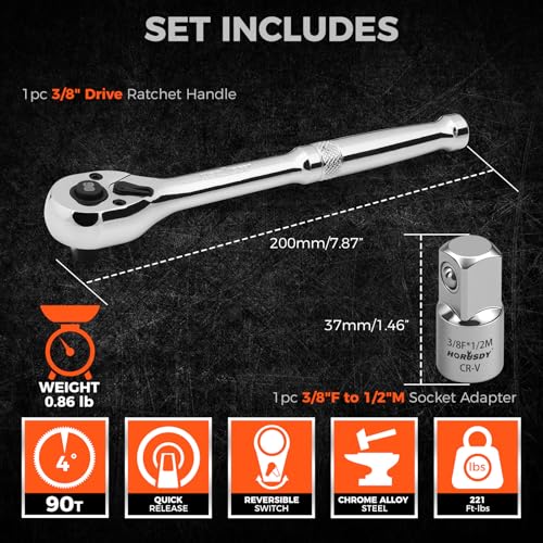 Image of HORUSDY 3 /8 inch Drive 90T Quick-Release Ratchet Handle, Reversible, Chrome Alloy Made, Full Polished, Includes 3 /8 inch to 1 /2 inch Socket Adapter, Ideal for Auto Repair, Home & Industrial Use