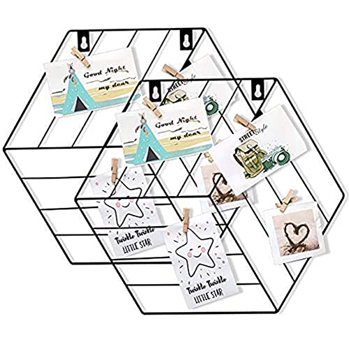 Image of Art Street Hexagon Shape Set of 2 DIY Metal Photo Grid Wall for photo hanging, wall decoration and display (size- 35 x 40 cm) -Photo clips included