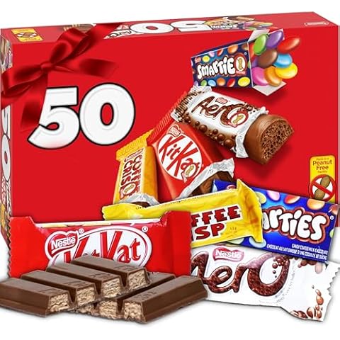 Valentine's Chocolate Candy Gift Box, 50 Mini Milk Chocolate Bars, Includes Coffee Crisps, KitkatWafers and more, Peanut Free Chocolate, Assorted Variety Individually Wrapped Bars For Valentine Gifting, Red Gift Box Cover