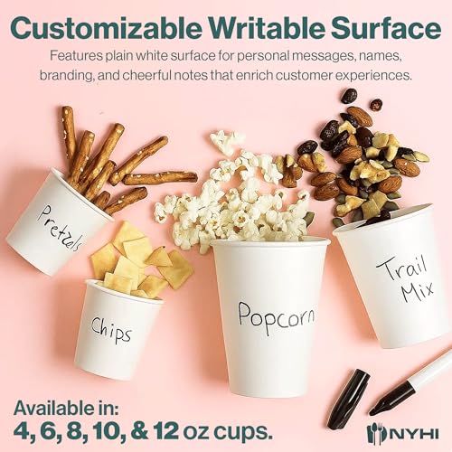Image of NYHI 10oz Disposable Paper Cups - For Hot & Cold Drinks, Espresso, Tea, Juice, Water & More - Plain, Writable Surface Ideal for Cafes, Office & Events - Fits Most Coffee Machines, 300 pcs. - White