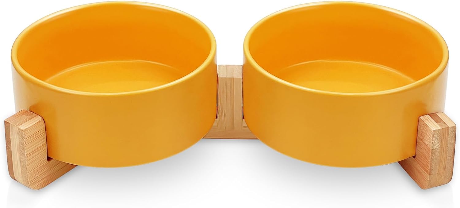 Ceramiczne podwójne miski dla małych kotów i psów, 12.8cm, 2x400ml, bambusowa podstawa antypoślizgowa, żółte