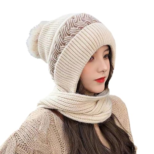 Gorro feminino de inverno, cachecol tudo em um, gorro com pompom, gorro de malha quente, protetor de