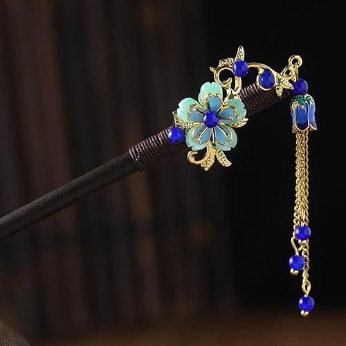 Alfileres de madera para el cabello, con flores retro azules, fijación del cabello para cabello largo, palo de pelo para fiesta de boda, horquillas