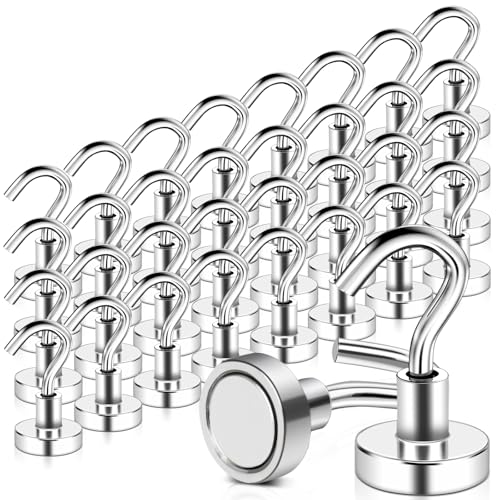 MAGXCENE 32 Pack Magnetic Hooks Heavy Duty, 25 lbs Strong Magnet Hooks for Cruise Refrigerator, Neodymium Magnets with Hooks for Grill Hanging Kitchen Tool Storage