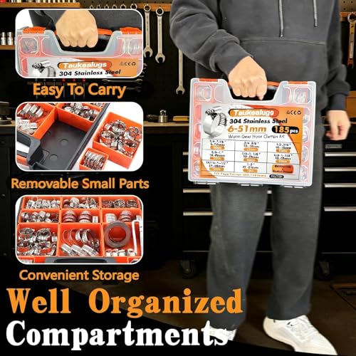 Image of 304 Stainless Steel Hose clamps Kit, Metal Strap and Strong Fasteners Set | 196PCS 1 /4 to 2 inch Worm Gear Clamp Assortment 8 Sizes and 10FT Band Strap for Automotive, Plumbing, Fuel Pipe and DIYers