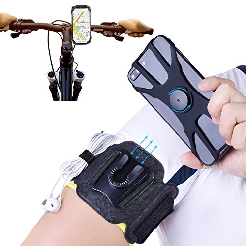 2 in 1 Cell Phone Armband for Running Detachable with Bike Phone Mount Silicone, 360° Rotatable Sports Armband, Universal Cell Phone Holder for Hiking Biking, Use 4 to 6.5 Inch Smartphones (Black)