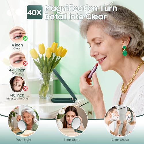 Image of B Beauty Planet 40X Magnifying Mirror, Hand Mirror with Handle, Double Sided Hand Mirror with 40X /1X Magnification, Travel Essential Portable Foldable Makeup Mirror for Precision Makeup Green