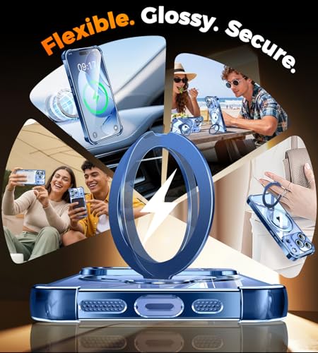 Image of Soft Case for iPhone 17 Pro with 360 Rotating Magnetic Stand, Compatible with Mag-Safe, 4X MIL-Drop Protection, Lightweight Glossy Anti-Yellowing Clear Back Phone Cover for iPhone 17 Pro 6.3 inch, Blue