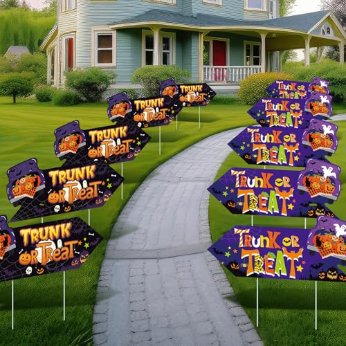 CroBlissful 8 Pack Happy Halloween Trunk or Treat Yard Signs with Stakes This Way Yard Sign Arrow 17