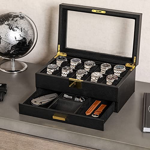 Rothwell 10-Slot Watch Box In Leather With Valet Drawer, Luxury Watch Case Display Organizer With Ultra Soft Microsuede Liner, Jewelry And Sunglass Holder With Large Glass Top (Black/Black) #TOP1