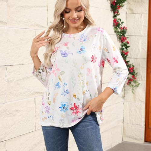 HTHLVMD Womens 3/4 Length Sleeve Tops 2025 Fall Fashion Floral Print Crewneck Causal Trendy Tunic Tops for Women