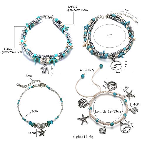 Image of Softones Blue Starfish Turtle Anklet Multilayer Charm Beads Sea Handmade Boho Anklet Foot Jewelry for Women