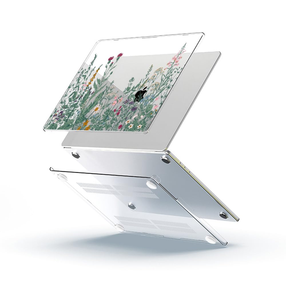 4 in 1 Custodia per Macbook Air M2 M3 M4 13,6 Pollici A2681 A3113 A3240, 2025 2024 2022 con Touch ID, Plastica Case Cover Rigida & Pellicola Tastiera & Proteggi Schermo, Piante da Fiore