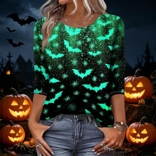 Image of Women Spooky Halloween Graphic Shirt 3 /4 Length Sleeve Crewneck Top | Halloween Funny Printed Pumpkin Plus Size Tshirts 2026 Fall Outfits Skeleton Tee Going Out Tops
