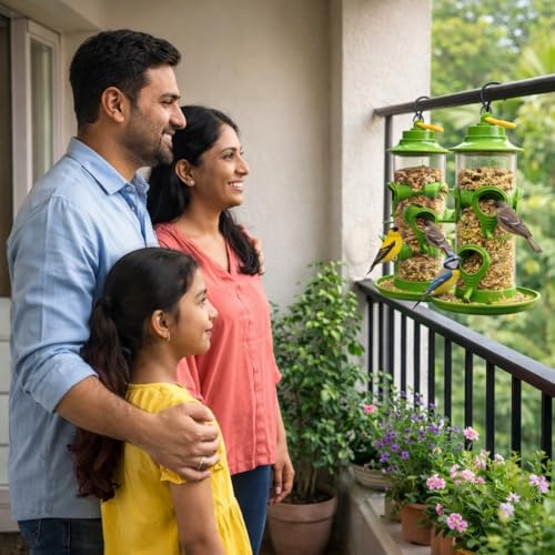 Image of rizopets Hanging Need Hut Shape Bird Feeder,6 Feeding Nozzles Green, Transparent Tube,Perch Feeder for Outdoor Garden,Balconies Pack of 2