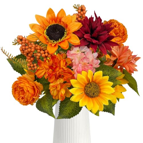 Image of 2PCS Faux Sunflower with Hydrangea Fake Eucalyptus Leaves Arranged Bouquet for Home Decor