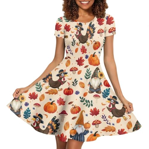 Image of Forchrinse Rooster Pumpkin Dress for Women Midi Tank Dresses Elegant Party Dresses Short Sleeve Flowy A Line Sundress Thanksgiving Midi Dress for Women Plus Size,S-4XL, Large