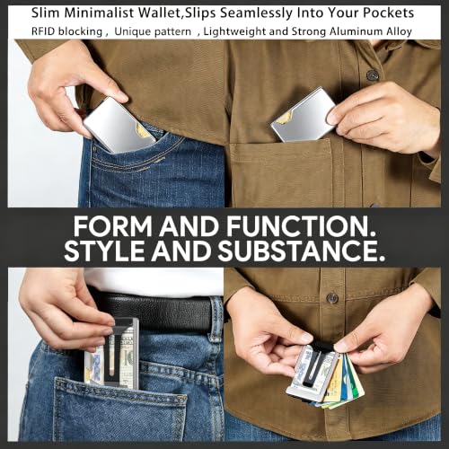 Image of Minimalist Carbon Fiber Wallet for Men, Money Clip Cash Strap Wallet, RFID Blocking Metal Wallet Aluminum Card Holder,Front Pocket Wallet(Matte Silver)