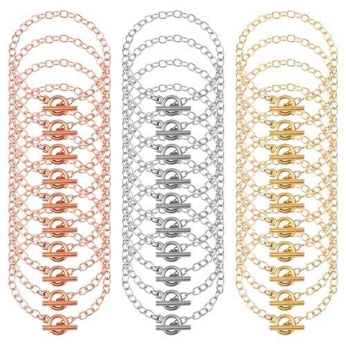 30pcs Bracelet Chains for Bulk Jewelry Making, Alloy Link Chain with Toggle Clasp Snake Chain Bracelet for Women DIY Jewelry Crafts Supplies (Rose Gold & Gold & Silver)