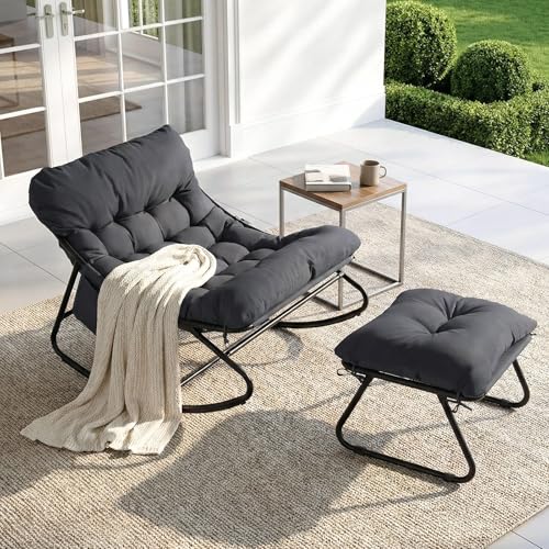 LIFERUN Schaukelstuhl mit Hocker, Patio Schaukelliege, Schaukelsessel mit Gepolsterter, bis 150 kg Belastbar, Waterproof Cushion, für Garten Balkon Wohnzimmer Hof Schlafzimmer Terrasse, Grau