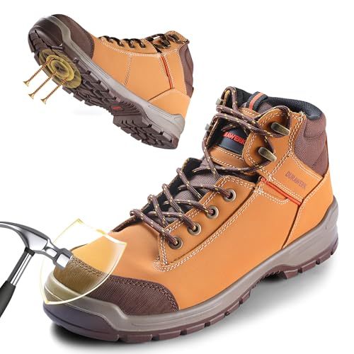 DURAWERK Steel Toe Shoes for Men, Light Comfortable High Top Work Boots, Non-Slip Safety Shoes for Men with Wide Toe Box, Indestructible Leather Construction Boots
