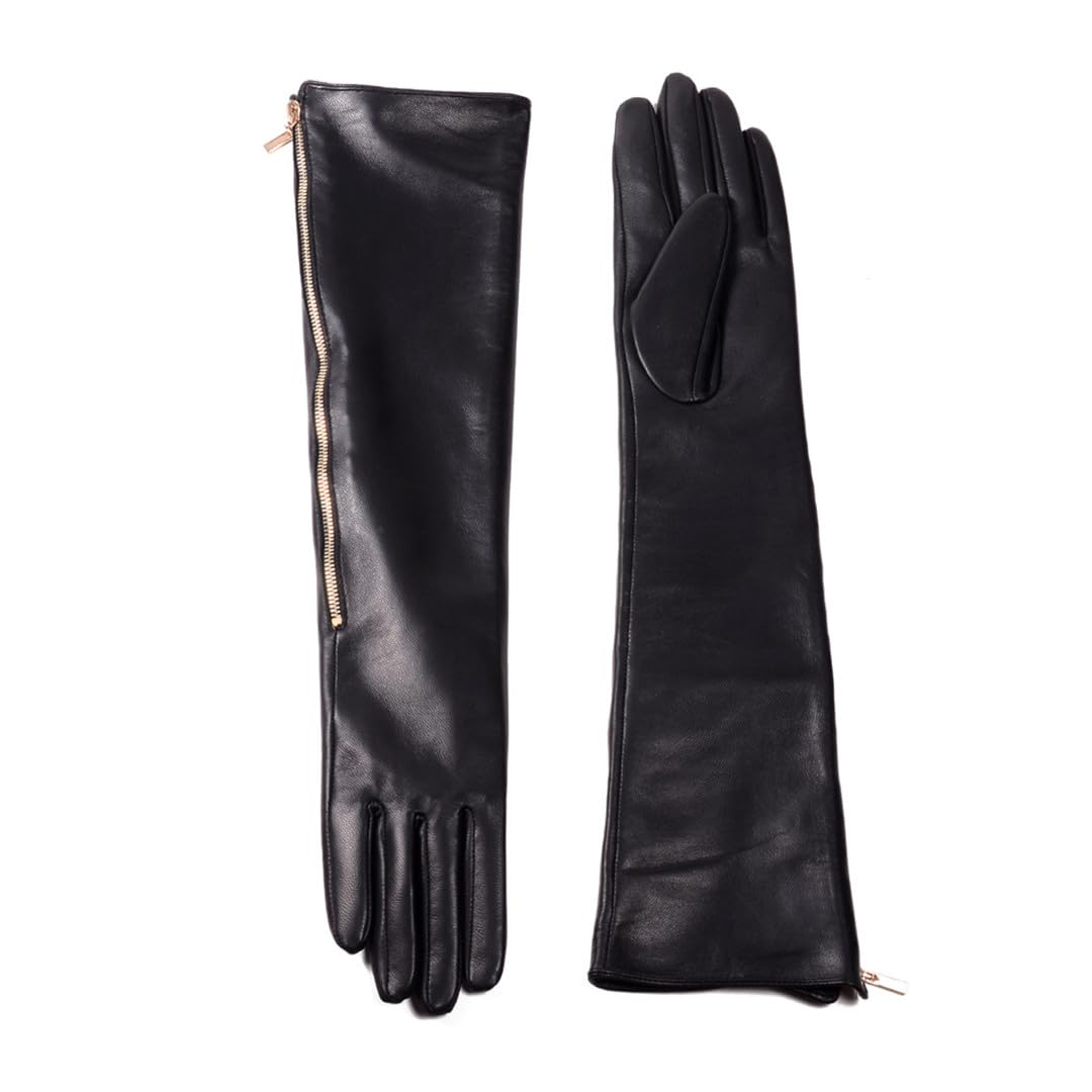 Wvapzxx Guantes Largos Con Cremallera Dorada Lateral De Cuero Genuino Negro De 45CM Para Mujer De Invierno