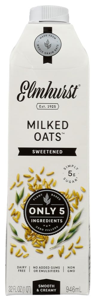 Elmhurst 1925 Sweetened Oat Milk - 32 Ounce (Pack of 6) Dairy-Free, Vegan, Kosher, Gluten-Free, Shelf Stable Plant Based Milk Made with Whole Grain Oats for Healthier Coffee, Latte & Smoothies