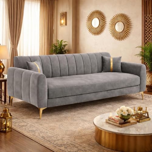 Image of Hermione Luxe Velvet-Suede Fabric 3 Seater Sofa | Comfortable Seating | Modern Sofa for Living Room - (Dark Gray)