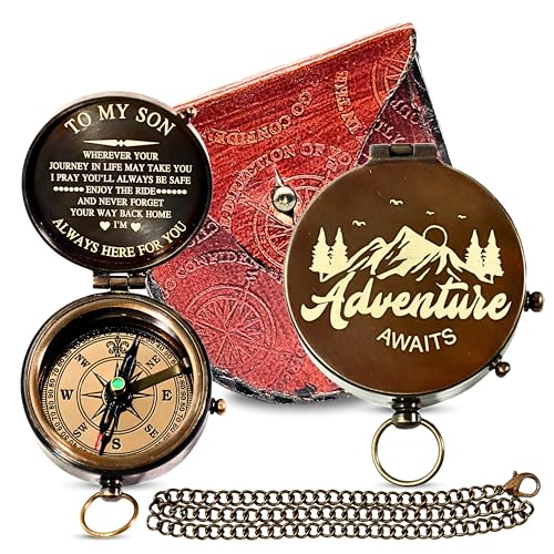 Brújula de Latón Grabada con Cita para Mi Hijo – Diseño de Aventura con Mensaje Inspirador – Estilo Vintage con Funda de Cuero y Cadena miniatura 1