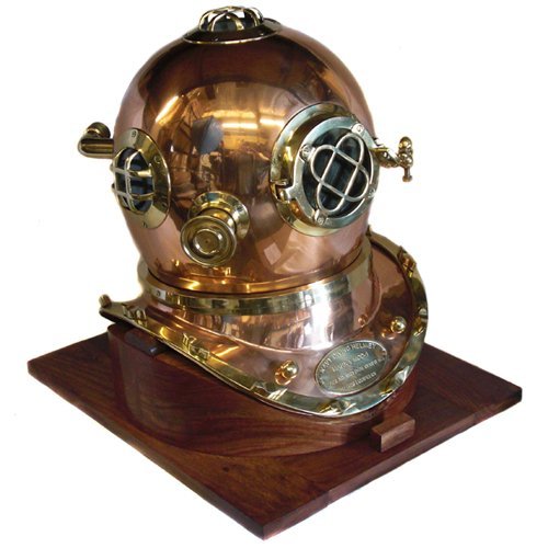 Full-Size U.S. Navy Mark V Copper & Brass Diving Helmet Replica with Wooden Base Rustic Vintage Home Decor Gifts