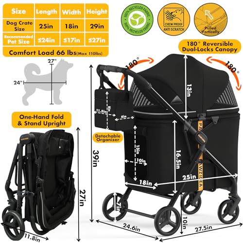 Image of PAWZIDEA Dog Stroller for Large Dogs Up to 80 lbs, No-Zip 180 Reversible Canopy, One-Hand Foldable Pet Stroller for 2 Medium Dogs, Heavy Duty & Low-Entry, All-Terrain Jogger Wheels, Storage Organizer