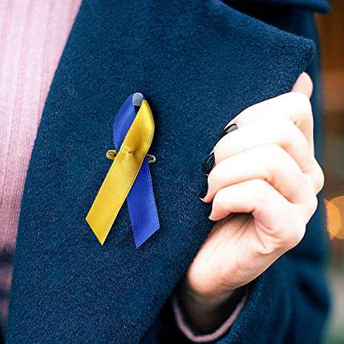 Image of 200 Pieces Satin Down Syndrome Awareness Ribbon with Safety Pins Blue & Yellow Ribbons 1.4 x 3 inch