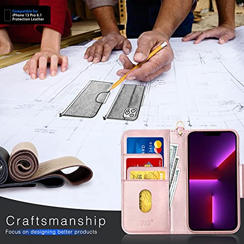 Fyy Compatible With Iphone 13 Pro Case, [Kickstand Feature] Luxury Pu Leather Wallet Case Flip Folio Cover With [Card Slots] And [Note Pockets] Case For Iphone 13 Pro 5G 6.1" Rose Gold #TOP2